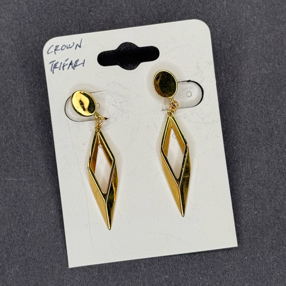 Vintage Crown Trifari Geometric Gold Tone Clip-On Earrings 70s Modernist Dangle - Picture 6 of 7